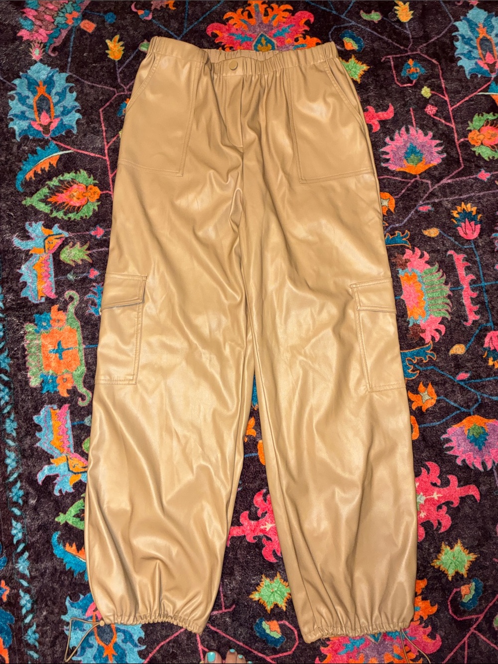 Faux Leather Cargo Jogger Pants - Tan